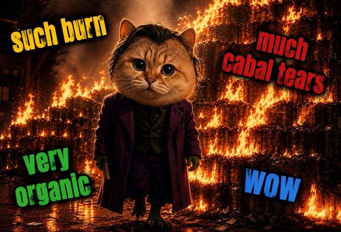 A meme image of the Joker character with a cat's face (a popular 'Joker cat' edit) standing in front of a burning pile, with colorful doge-style text overlays: 'such burn', 'much cabal tears', 'very organic', and 'wow'.