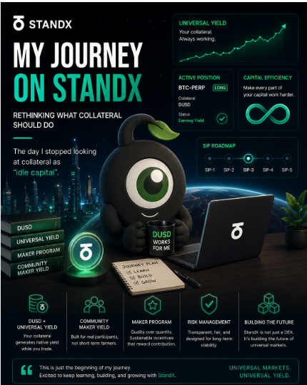 A StandX infographic titled 'MY JOURNEY ON STANDX' featuring a mascot with a leaf on its head, highlighting 'Universal Yield,' 'Active Position BTC-PERP LONG,' and 'DUSD Works For Me.'