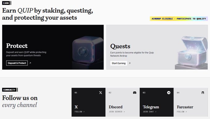 Webpage for earning QUIP tokens through staking and quests, with options to Protect and Start Earning, plus social channels including X, Discord, Telegram, and Farcaster.