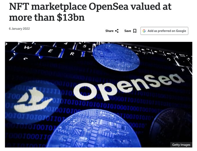 A news article headline reads 'NFT marketplace OpenSea valued at more than $13bn' dated 6 January 2022, featuring the OpenSea logo over a background of binary code, coins, and a keyboard.