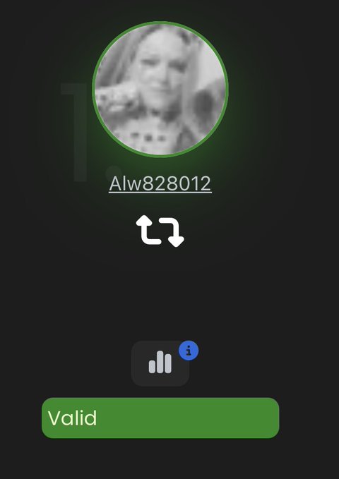 A mobile app screenshot shows a user profile named 'Alw828012' with a swap icon, a 'Valid' status button, and an info notification indicating 3 alerts.