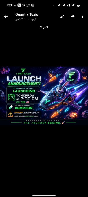 A promotional graphic for "Quantix Toxic" announcing the Twisp Token ($TWIP) launch tomorrow at 2:00 PM UTC on Pump.fun, featuring a cartoon astronaut piloting a rocket through a purple galaxy with the tagline "The journey begins." The post directs viewers to x.com/TwispToken for more information.