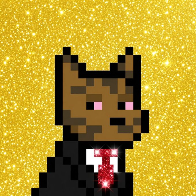 A pixel art image of a brown, dog-like character in a black suit with a sparkling red gemstone in place of a tie, set against a glittering gold background.
