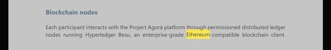 The image shows a section titled "Blockchain nodes" explaining that participants interact with the Project Agora platform through permissioned distributed ledger nodes running Hyperledger Besu, an enterprise-grade Ethereum-compatible blockchain client, with "Ethereum" highlighted in yellow—directly supporting the post's claim that the system is "Powered by Ethereum $ETH."