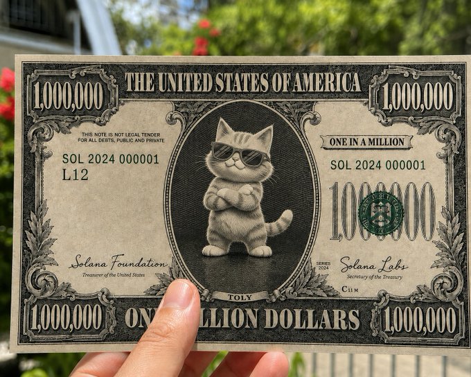 The image features a hand holding up a one-dollar bill with a cat design on it, wearing sunglasses. The text "WAGMI VIBES" can be seen next to the bill. This suggests that the person holding the bill is promoting a brand or product related to cats and sunglasses.