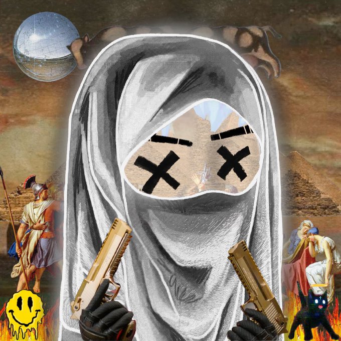 A hooded figure in white robes with X's for eyes holds two pistols against an apocalyptic backdrop featuring classical warriors, pyramids, a cracked globe, and flames. The X's over the eyes and apocalyptic imagery reinforce the post's message of the "@solana" project being "still active" as a chaotic, fiery force in the crypto space.