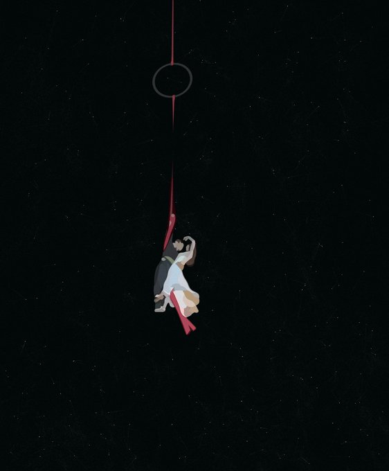 A minimalist illustration depicting two figures embracing while suspended from a red ribbon against a black starry background, hanging from a circular ring.