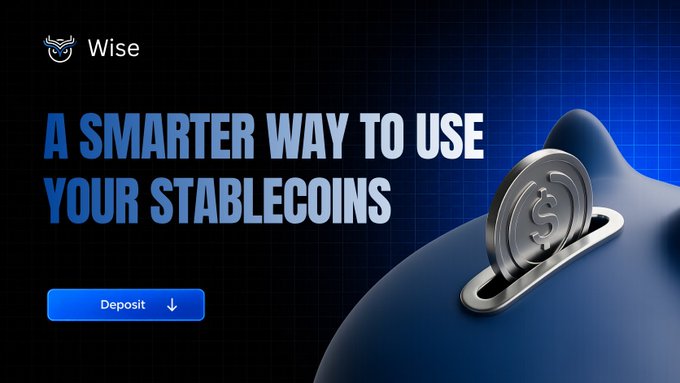 A Wise advertisement banner featuring the tagline "A Smarter Way to Use Your Stablecoins" alongside a 3D illustration of a coin being inserted into a piggy bank slot, with a blue "Deposit" call-to-action button—visually promoting the platform's offer to earn up to 22% APY on USDC/USDT deposits.