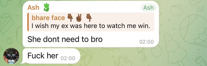 A chat from "Ash" reads "bhare face 🪦🪦🪦 I wish my ex was here to watch me win" with replies "She dont need to bro" and "Fuck her," both at 02:00, which complements the post celebrating the chaotic, unfiltered energy of the $cate crypto community.