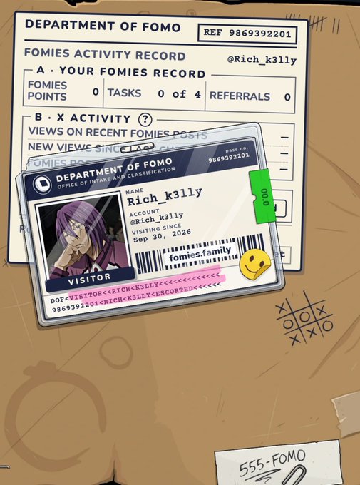 An illustration styled as documents from the 'Department of Fomo' for the user 'Rich_k3lly', including a 'Fomies Activity Record' showing zero points and an ID card labeled 'Visitor' with a barcode.