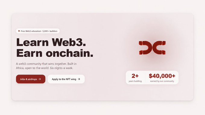 A promotional banner for a free Web3 education program highlights "Learn Web3. Earn onchain," noting "5,000+ builders," "2+ years building," and "$40,000+ earned by our community," with calls to "Apply to the NFT wing" and access "Jobs & airdrops." The image relates to the post by serving as the call-to-action visual for the MagnetX discord application, directing interested builders to apply before the 24-hour window closes.