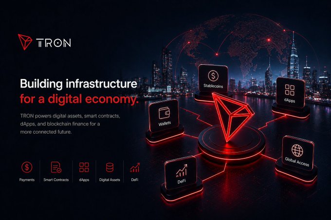 A promotional graphic for the TRON cryptocurrency stating 'Building infrastructure for a digital economy', with icons for Stablecoins, dApps, Wallets, Global Access, DeFi, Payments, Smart Contracts, Digital Assets, and DeFi.