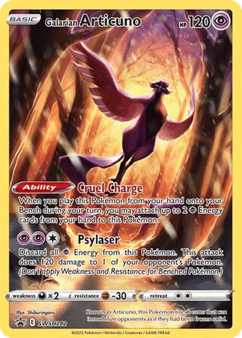 A Pokémon trading card for "Galarian Articuno" with 120 HP, featuring the creature in a fiery setting, with attacks named "Cruel Charge" and "Psylaser."