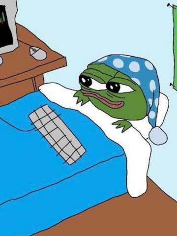 A cartoon Pepe the Frog wearing a blue polka-dot sleeping cap lies in bed under a blue blanket with a gray pillow, next to a desk with a computer mouse.