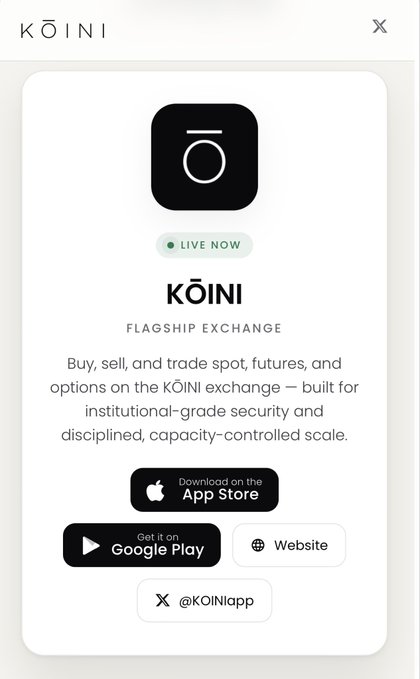 A promotional popup for the KŌINI Flagship Exchange, showing it is live now and offering spot, futures, and options trading with download links for the App Store, Google Play, and their website at @KOINIapp. The post praising the exchange as "number 1 in the world" with the @ETHFanToken tag suggests the user is sharing enthusiasm for this new crypto trading platform.