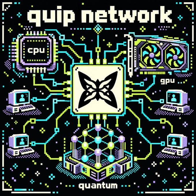 A pixel art graphic on a black background displays 'quip network' at the top and 'quantum' at the bottom, featuring interconnected CPU, GPU, and computer terminals with a butterfly logo in the center.