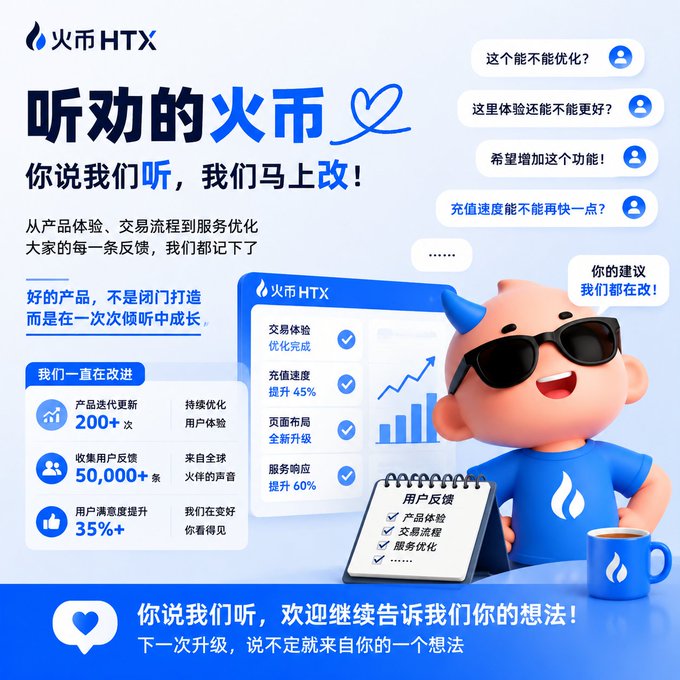 HTX promotional graphic featuring a pink mascot wearing sunglasses alongside a notepad listing user feedback categories, with key stats displayed including 200+ product iterations, 50,000+ user feedback collected, and 45%/60% improvements in deposit speed and service response, reinforcing the campaign's message that user suggestions drive actual platform upgrades.