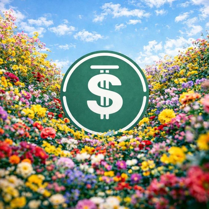 A green USDC (USD Coin) logo with a dollar sign symbol appears centered over a lush field of multicolored flowers under a blue sky with scattered clouds.