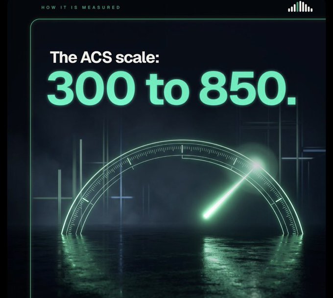 A graphic shows 'The ACS scale: 300 to 850.' in glowing green text with a meter dial illustration on a dark background.