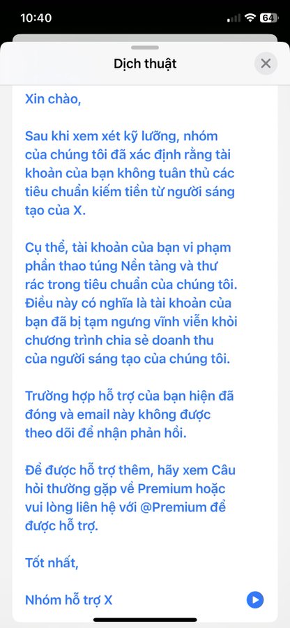 A screenshot of a Vietnamese notification titled 'Dích thuật' from X support team stating that the user's account violated monetization standards for creators and has been permanently suspended from the revenue sharing program.