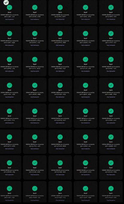 A grid of identical green 'Sent' confirmation notifications on a dark background, each reading '100000 BAIHE was successfully sent to [username] . [amount]' with a 'View transaction' link.