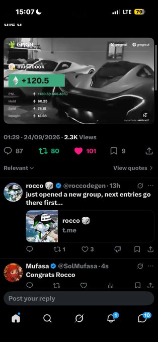 A mobile app screenshot, appearing to be a social or trading platform, shows a post featuring a futuristic car and a token '$mudabook' with a value of '+120.5%'.