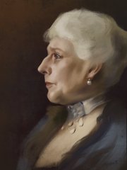 A classical oil painting portrait of an elderly woman with white hair in profile, wearing a dark dress with a high lace collar.