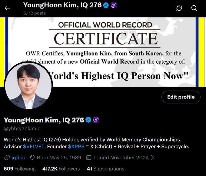 The image shows YoungHoon Kim's X (Twitter) profile displaying his "Official World Record Certificate" for being the "World's Highest IQ Person Now" with an IQ of 276, verified by the World Memory Championships. His bio notes he is an "Advisor $VELVET" and founder of $XRPS, connecting to the post about receiving an official affiliate badge to join the Velvet Capital team as the world's highest IQ record holder.