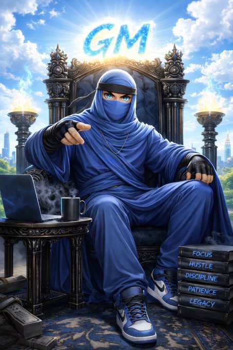 A hooded figure in blue ninja-style attire sits on an ornate throne with "GM" glowing in the sky above, accompanied by a stack of books labeled "FOCUS," "HUSTLE," "DISCIPLINE," "PATIENCY," and "LEGACY" at their feet. The image visually represents the morning greeting "GM" (Good Morning) requested in the post, embodying a motivational, hustle-oriented mindset to greet the day.