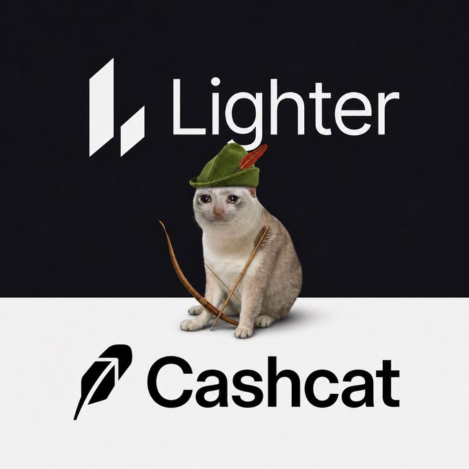 A cat wearing a green Robin Hood-style hat with a feather sits between the logos of "Lighter" and "Cashcat," cleverly illustrating the partnership between the two platforms. The caption "lighter partnership with cashcat seems massive" reflects the image's playful depiction of this collaboration.
