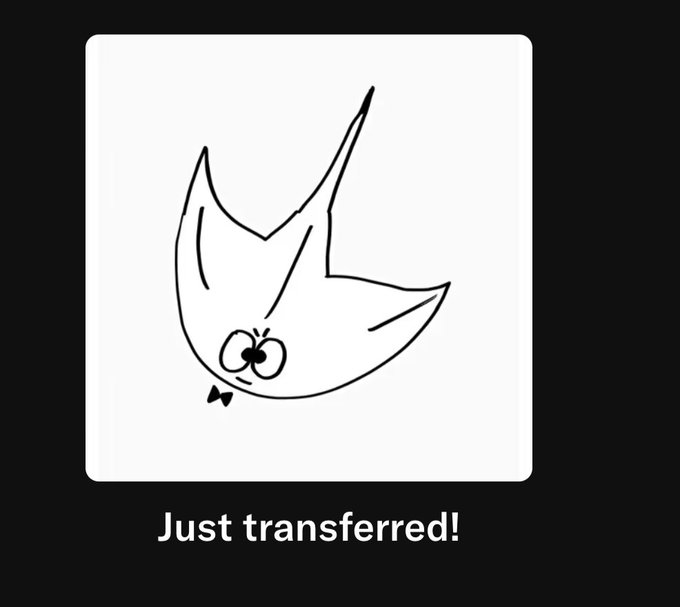 A black-and-white cartoon illustration of a stylized bird or fish-like character with googly eyes and a bow tie appears in a white square on a black background, with the caption "Just transferred!" displayed below. The image humorously celebrates the recipient's new VF1 NFT, playfully framing the transfer notification as a congratulatory message.