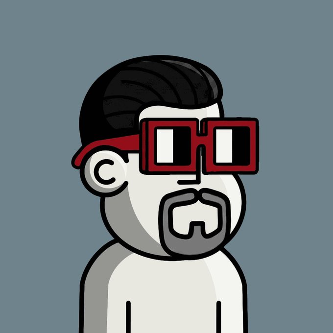 Cartoon character illustration of a bald man with a gray beard wearing red square glasses and a black hairpiece.