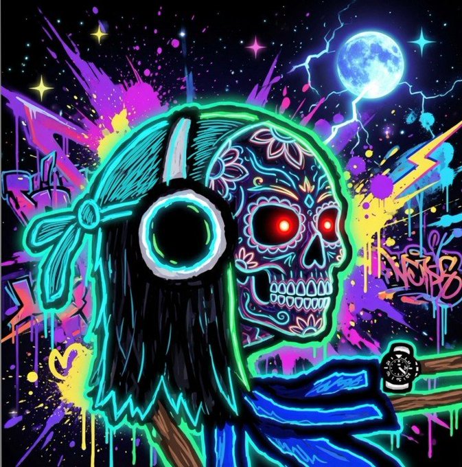 A vibrant neon-style graffiti artwork depicting a skeletal grim reaper figure with glowing green and blue outlines, red eyes, and a sugar skull face, set against a cosmic background with a full moon, lightning, and colorful paint splatters.