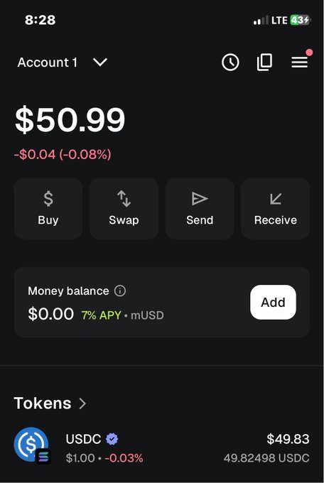 A mobile app interface shows an account balance of $50.99 with options to Buy, Swap, Send, and Receive, alongside a USDC token balance of $49.83.
