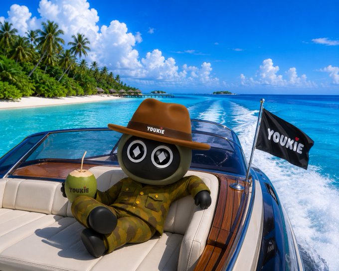An AI-generated mascot character wearing a brown hat labeled 'YOUKIE' relaxes on a yacht with tropical island scenery, holding a green coconut also branded 'YOUKIE' alongside a black flag reading 'YOUKIE'.