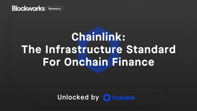 A black promotional graphic reading 'Chainlink: The Infrastructure Standard For Onchain Finance' sponsored by Blockworks Research and unlocked by Chainlink.