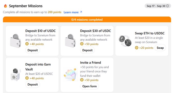 A digital interface for 'September Missions' dated Sep 17 - Sep 30, displaying tasks like 'Deposit $10 of USDC' and 'Swap ETH to USDC' on the Soneium network, with a progress bar showing 0/4 missions completed for up to 200 points.
