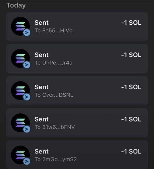 A dark-themed mobile transaction history showing five successful 'Sent' transactions of '-1 SOL' each to various partially obscured wallet addresses.