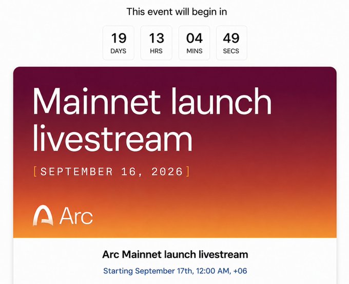 A countdown timer for an event in 19 days, 13 hours, 04 minutes, 49 seconds, announcing the 'Mainnet launch livestream' for Arc on September 16, 2026, starting September 17th at 12:00 AM +06.