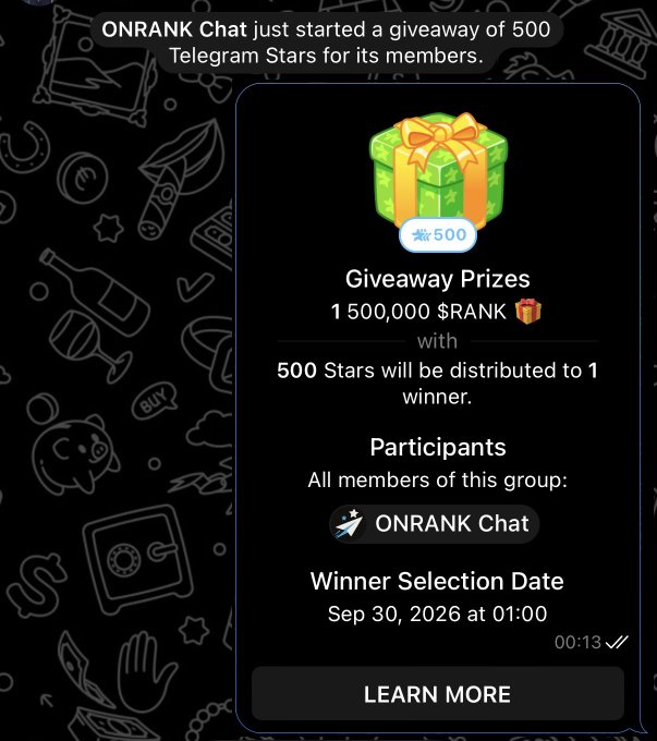 A Telegram giveaway announcement from ONRANK Chat offering 1,500,000 $RANK and 500 Stars to be distributed to 1 winner, with selection date set for Sep 30, 2026 at 01:00.
