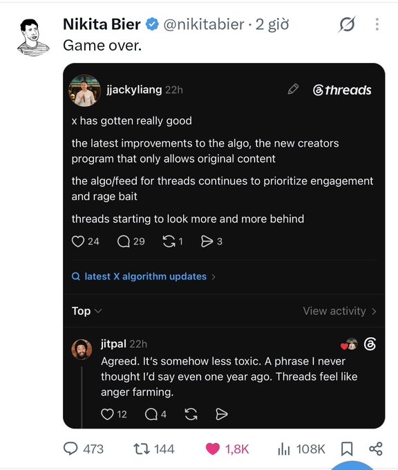 A screenshot of a Twitter/X post by Nikita Bier (@nikitabier) saying 'Game over.' above a quoted Threads post about X's algorithm prioritizing engagement and rage bait.