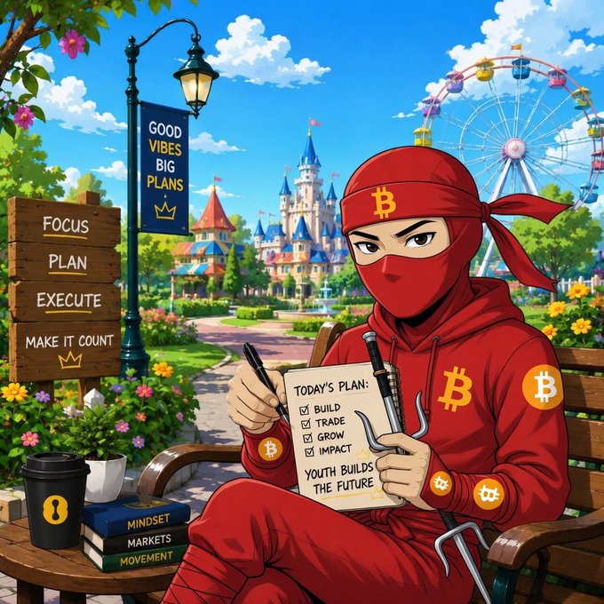 A Bitcoin-themed ninja reviews "TODAY'S PLAN" including "BUILD, TRADE, GROW, IMPACT," and "YOUTH BUILDS THE FUTURE" against a backdrop of a whimsical castle and Ferris wheel, reinforcing the post's message of proactive growth despite market fluctuations.