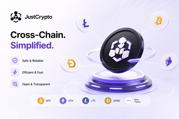 The image features a coin with a hexagon symbol at its center, surrounded by various cryptocurrency symbols such as Bitcoin, Etherium, and Litecoin. The text "JustCrypto" is also present in the image. This image appears to be related to a post about cryptocurrencies or blockchain technology, possibly discussing the evolution of the space or highlighting specific challenges faced by users moving assets between different chains.