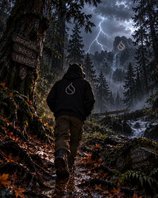 A person wearing a bear hoodie and 'Discipline Builds Freedom' t-shirt walks through a forest toward a stormy mountain with lightning, featuring text 'SAME WALUS HIGHER GROUNDS'.
