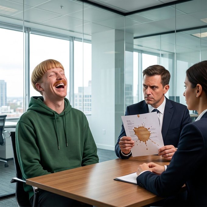 A young man in a green hoodie laughing heartily while sitting at a conference table across from two serious-looking businesspeople, with one holding a document that has a large coffee stain on it.