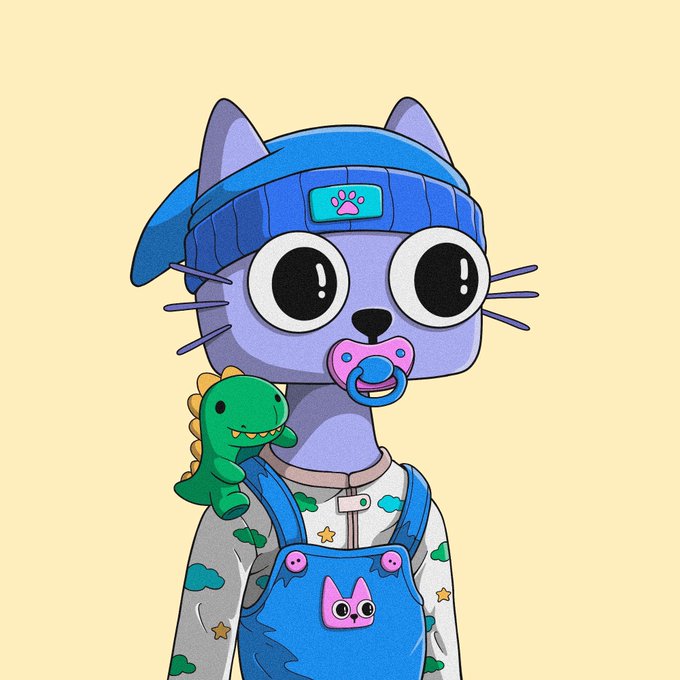 An illustration of a purple cartoon cat character wearing a blue beanie with a paw print, blue overalls, and a pacifier, with a green dinosaur toy on its shoulder.