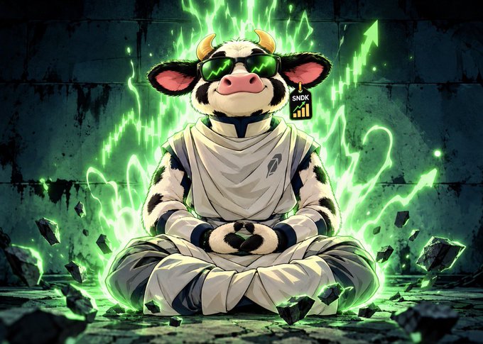 Anime-style illustration of a cow wearing sunglasses and white robes sitting in a meditative pose, surrounded by glowing green lightning, with an 'SNDK' tag visible.