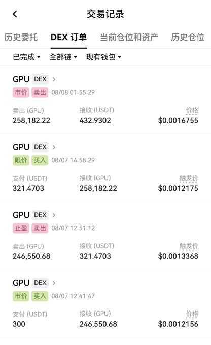 A screenshot of a cryptocurrency DEX trading history showing multiple GPU token transactions, including a market sell of 258,182.22 GPU for 432.9302 USDT at $0.0016755 on 08/08, a limit buy of 258,182.22 GPU for 321.4703 USDT at $0.0012175, and a stop-loss sell of 246,550.68 GPU for 321.4703 USDT at $0.0013368 on 08/07. The image relates to the post by documenting the $GPU trading activity, showing the limit buy order that was followed by a stop-loss sell (taking profit of approximately 40%) before the price continued to fluctuate.
