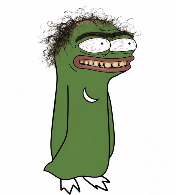 A cartoon-style green creature with messy dark hair, bloodshot wide eyes, and a wide grinning mouth with yellow teeth stands against a white background.