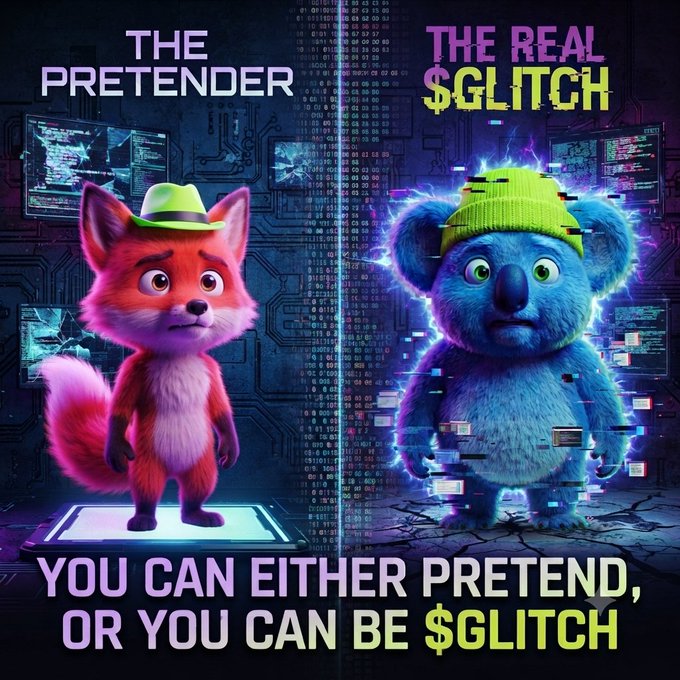 A side-by-side comparison shows a red fox labeled "THE PRETENDER" wearing a green hat on the left, contrasted with a glitching blue koala labeled "THE REAL $GLITCH" on the right. The image carries the bold tagline "YOU CAN EITHER PRETEND, OR YOU CAN BE $GLITCH," reinforcing the post's message about choosing authenticity over imitation within the $GLITCH community.